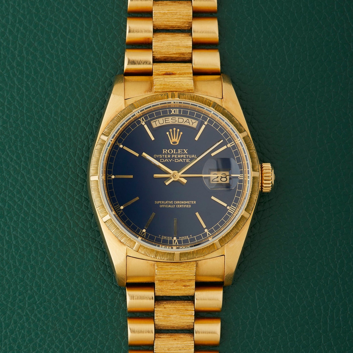 Rolex Day-Date 18078 Bark 18k Yellow Gold Bracelet Blue Dial 1985