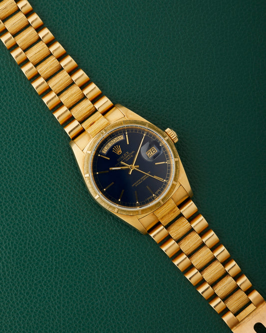 Rolex Day-Date 18078 Bark 18k Yellow Gold Bracelet Blue Dial 1985