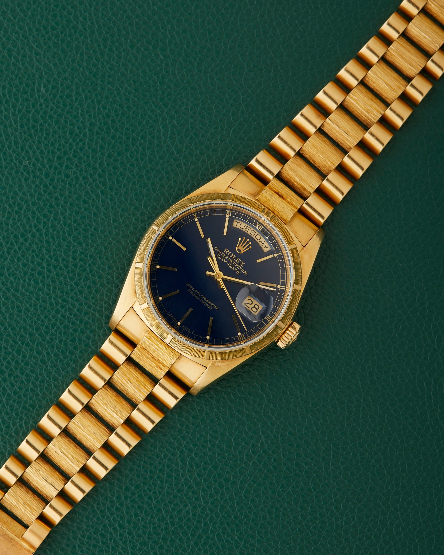 Rolex Day-Date 18078 Bark 18k Yellow Gold Bracelet Blue Dial 1985