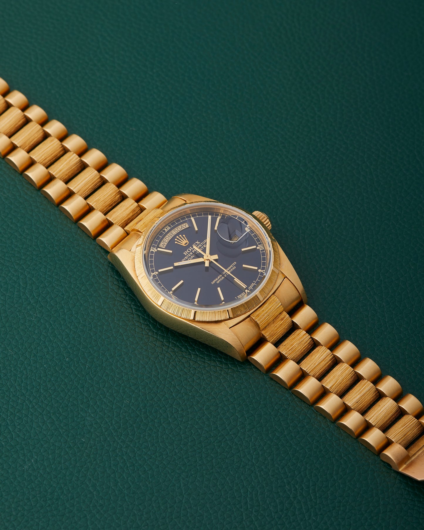 Rolex Day-Date 18078 Bark 18k Yellow Gold Bracelet Blue Dial 1985