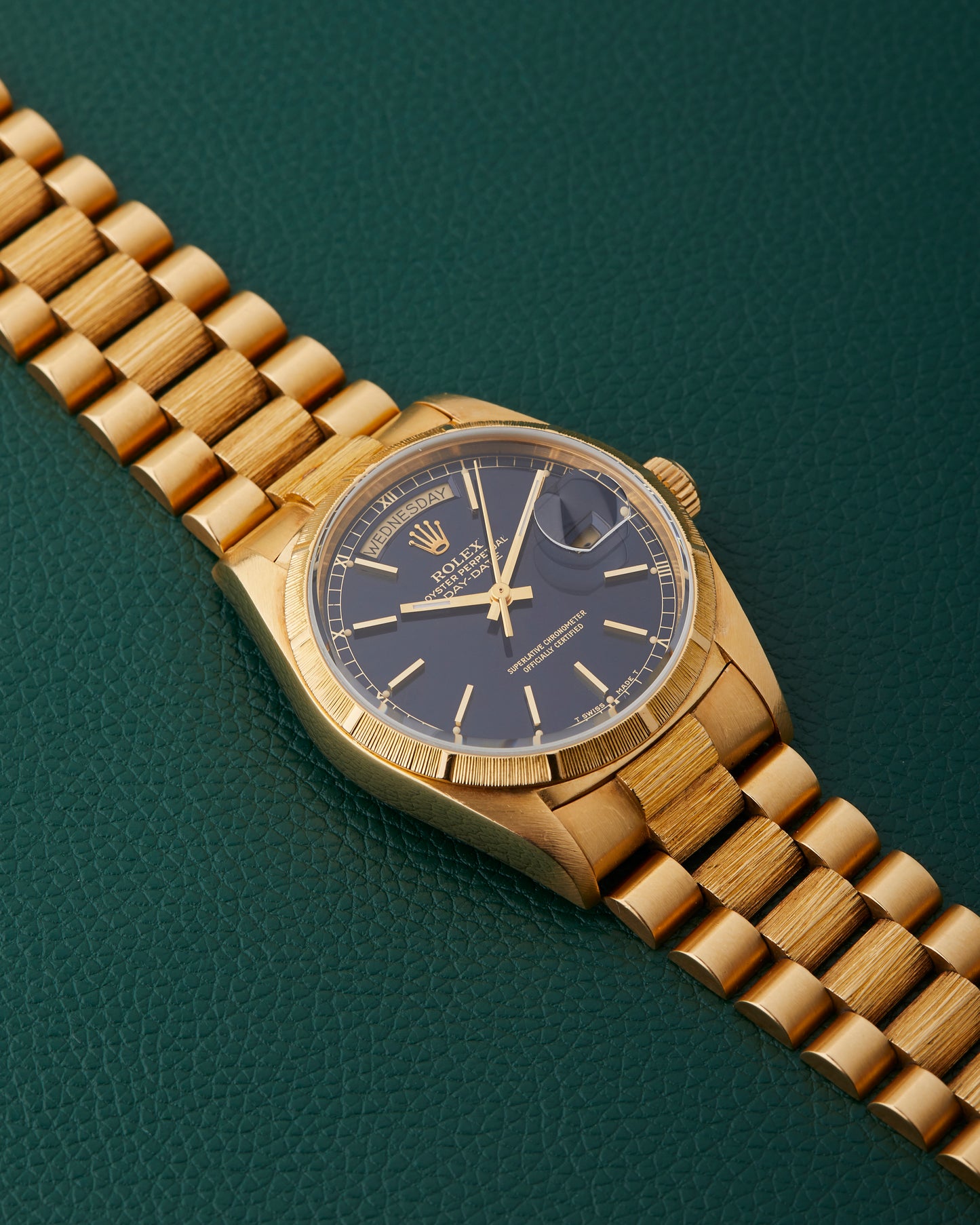 Rolex Day-Date 18078 Bark 18k Yellow Gold Bracelet Blue Dial 1985