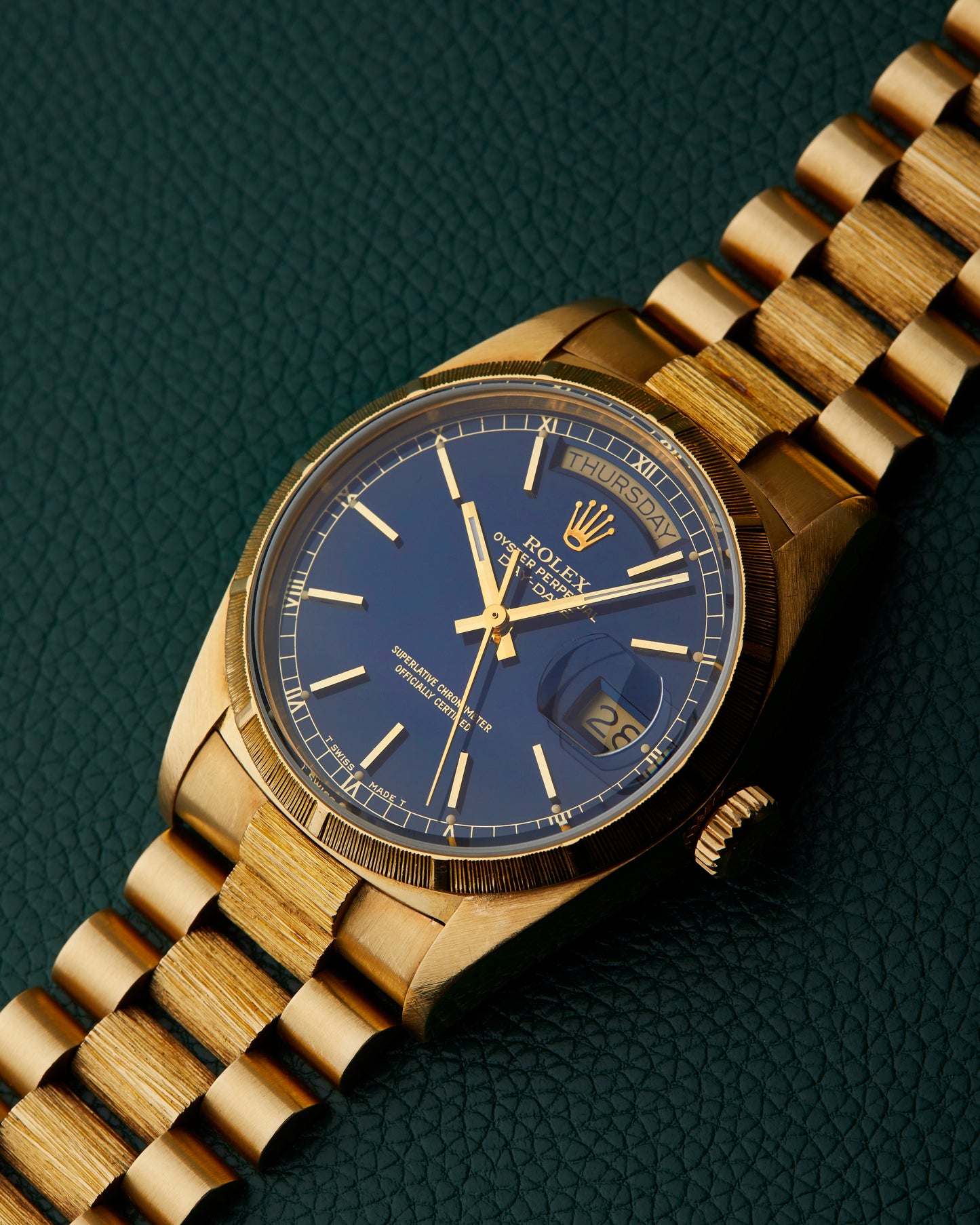 Rolex Day-Date 18078 Bark 18k Yellow Gold Bracelet Blue Dial 1985