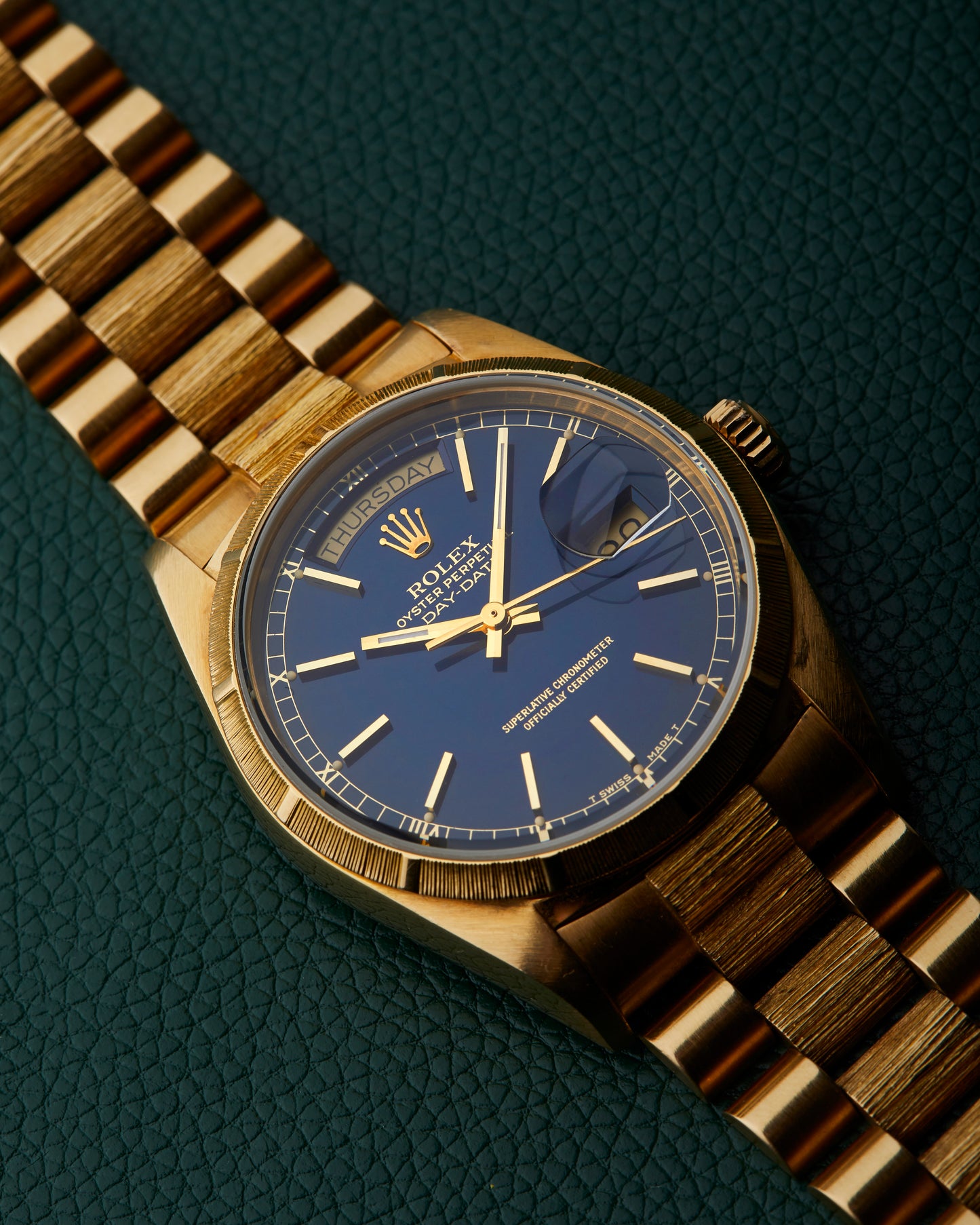Rolex Day-Date 18078 Bark 18k Yellow Gold Bracelet Blue Dial 1985