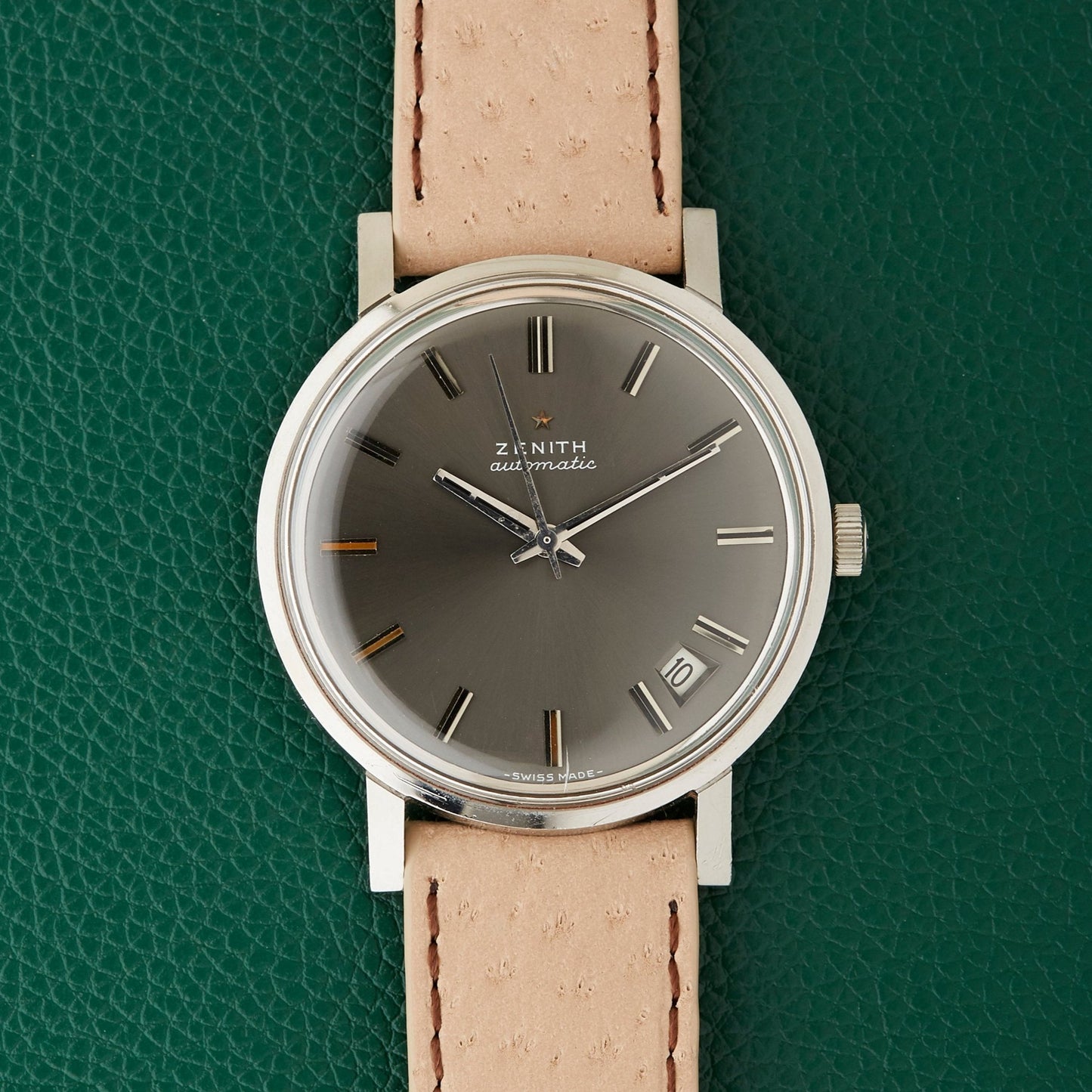 Zenith Automatic Slate Grey Sunburst Dial Date Window Vintage Steel Watch