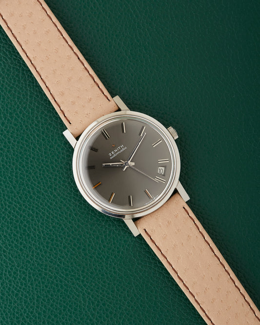 Zenith Automatic Slate Grey Sunburst Dial Date Window Vintage Steel Watch