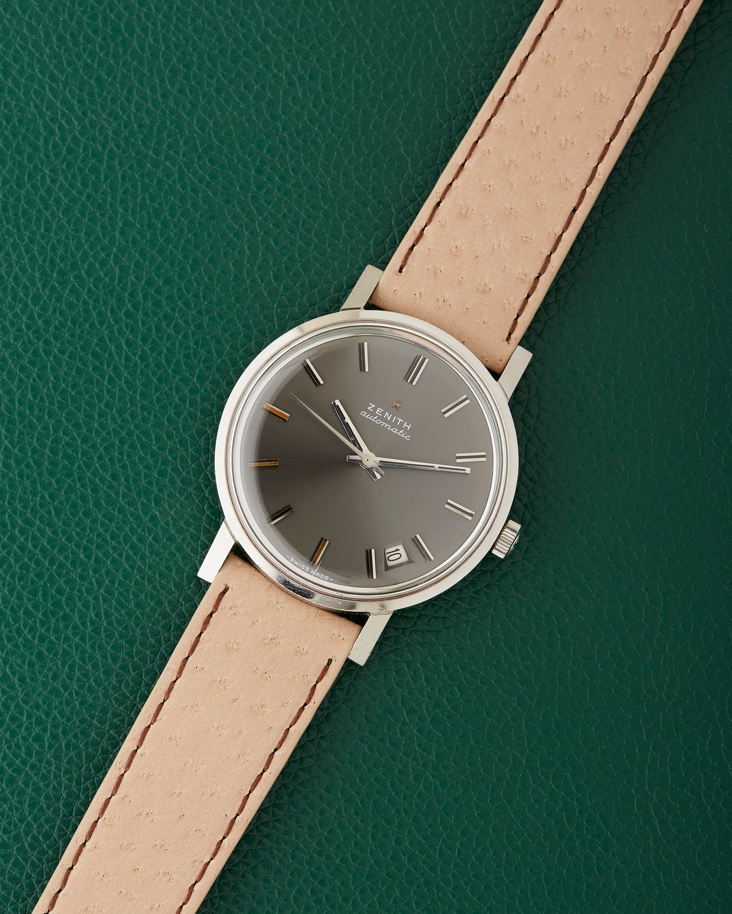Zenith Automatic Slate Grey Sunburst Dial Date Window Vintage Steel Watch
