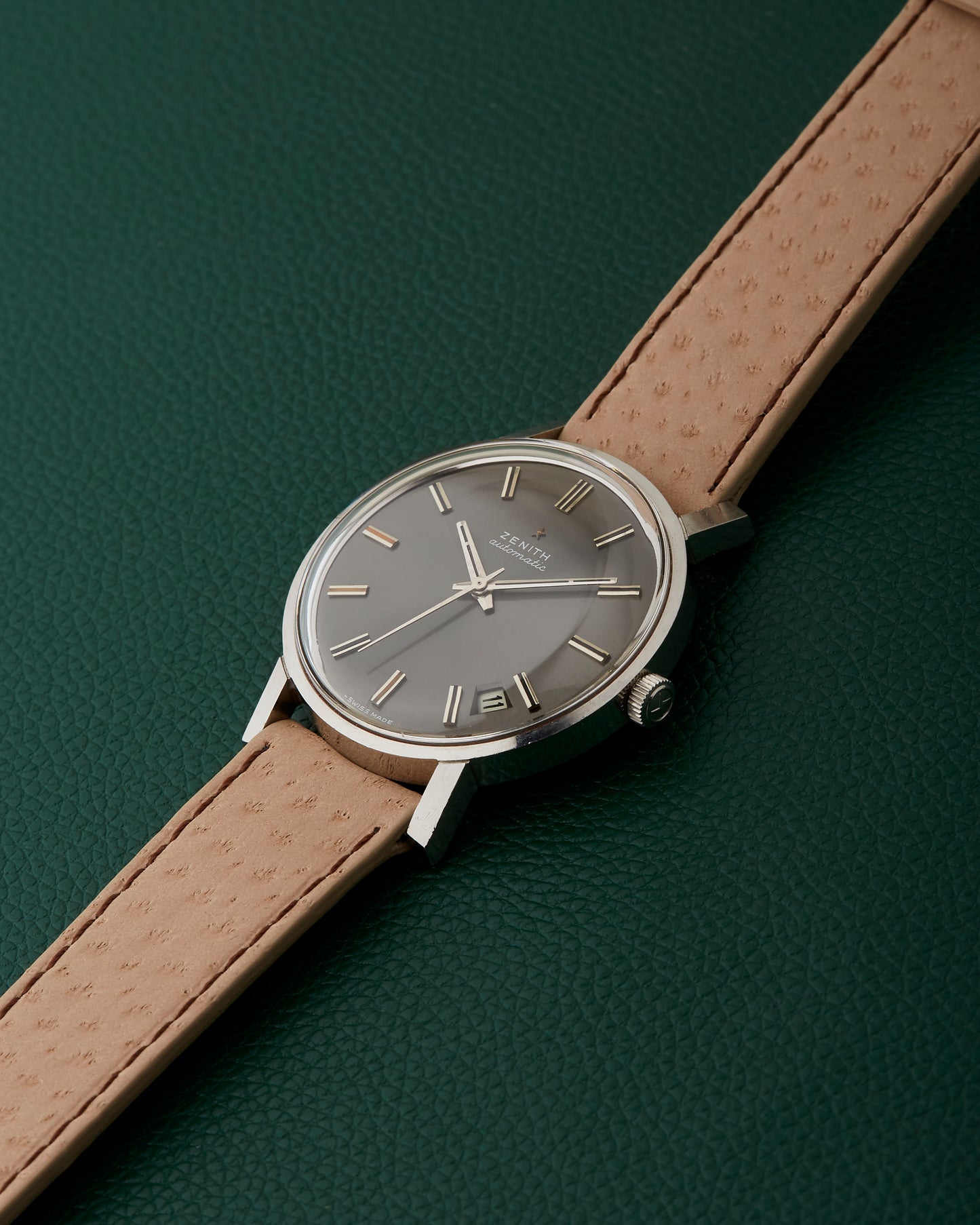 Zenith Automatic Slate Grey Sunburst Dial Date Window Vintage Steel Watch