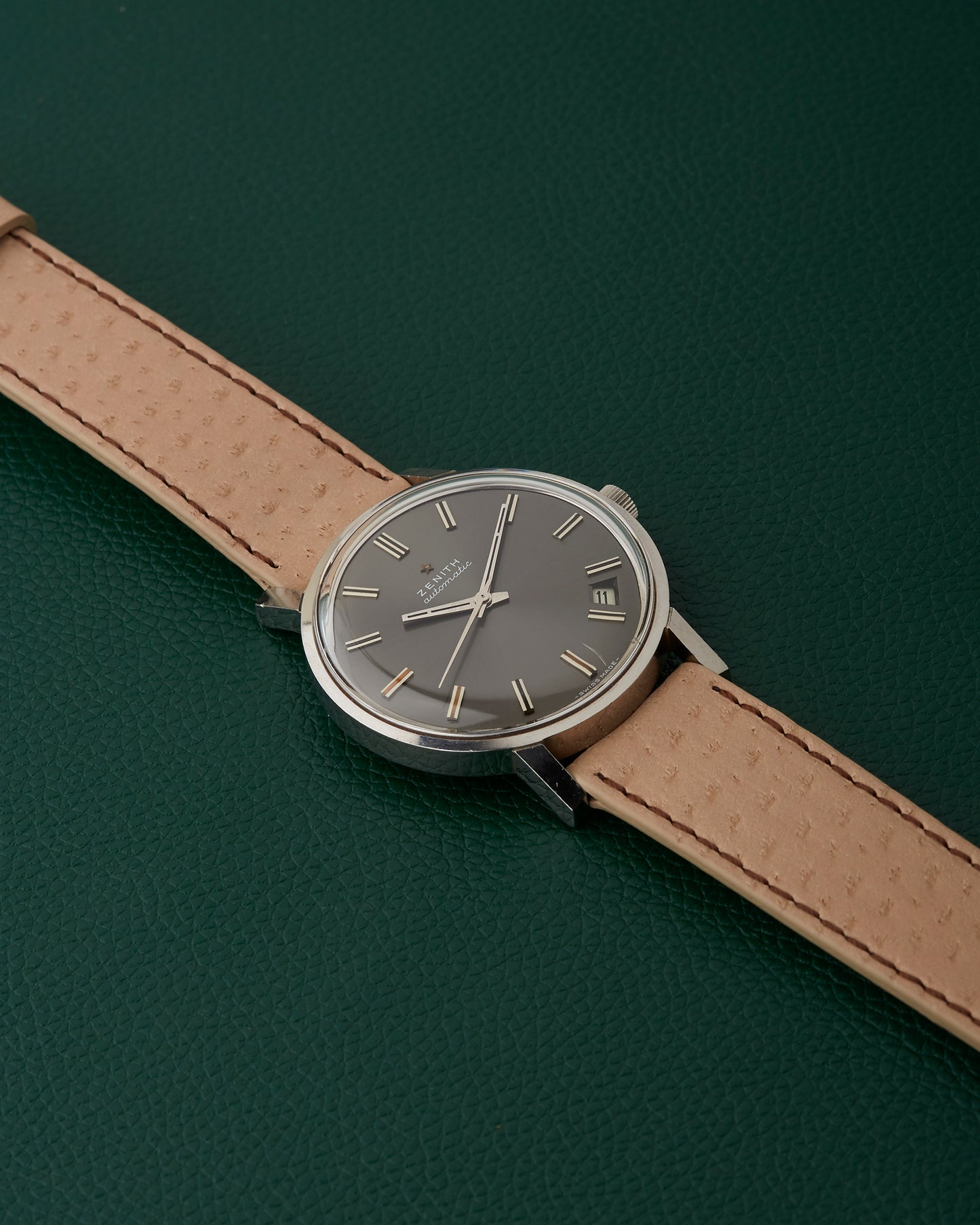 Zenith Automatic Slate Grey Sunburst Dial Date Window Vintage Steel Watch
