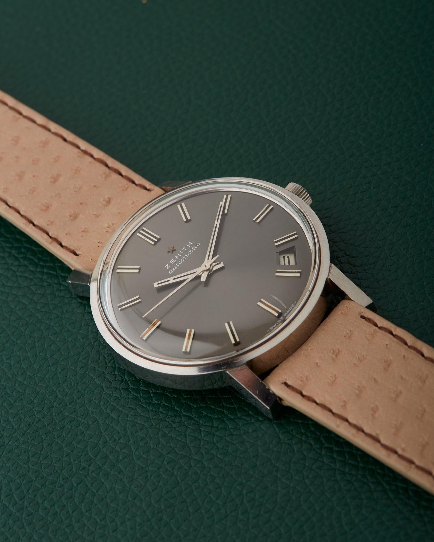 Zenith Automatic Slate Grey Sunburst Dial Date Window Vintage Steel Watch