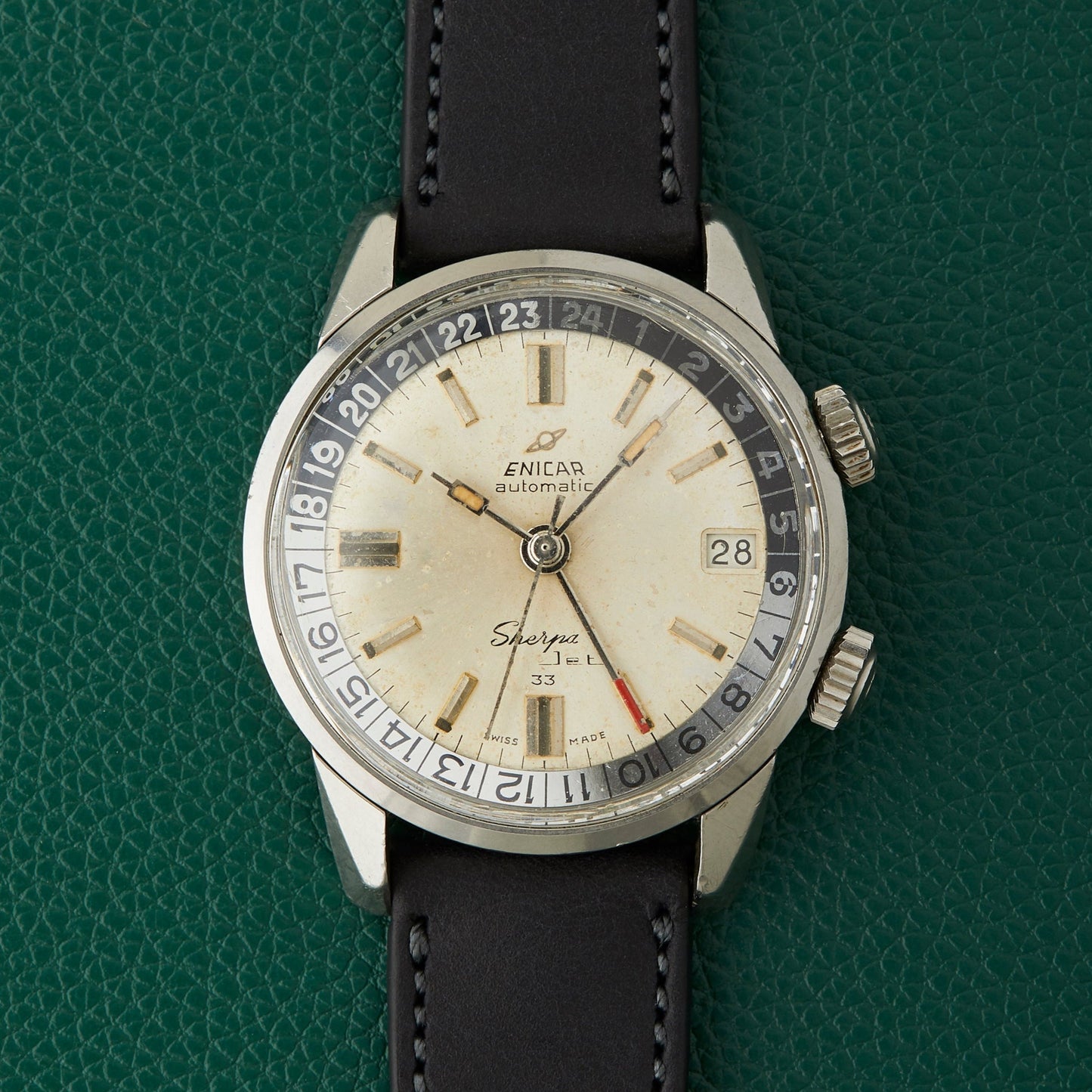 Enicar Sherpa Jet 33 Ref. 126/002 Silver Patina Dial Dual Crowns