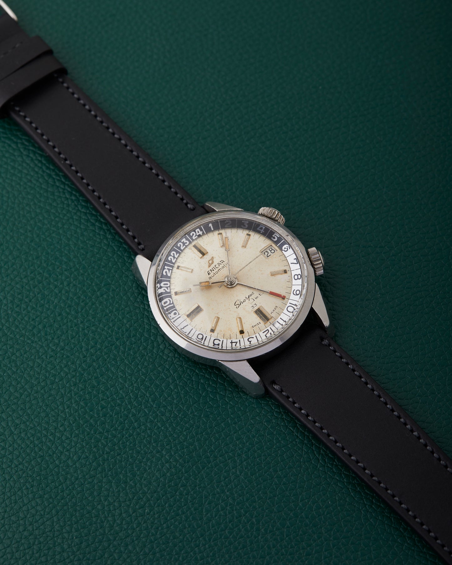 Enicar Sherpa Jet 33 Ref. 126/002 Silver Patina Dial Dual Crowns