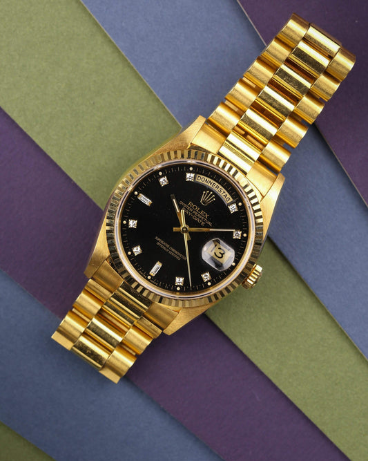 Rolex 18238 Day-Date 36mm 18k Yellow Gold Black Diamond Dial 1993