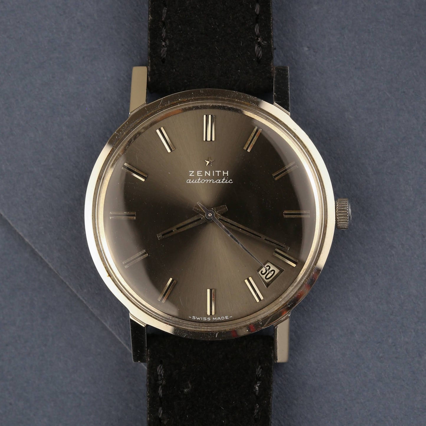 Zenith Automatic Slate Grey Sunburst Dial Vintage Steel Watch