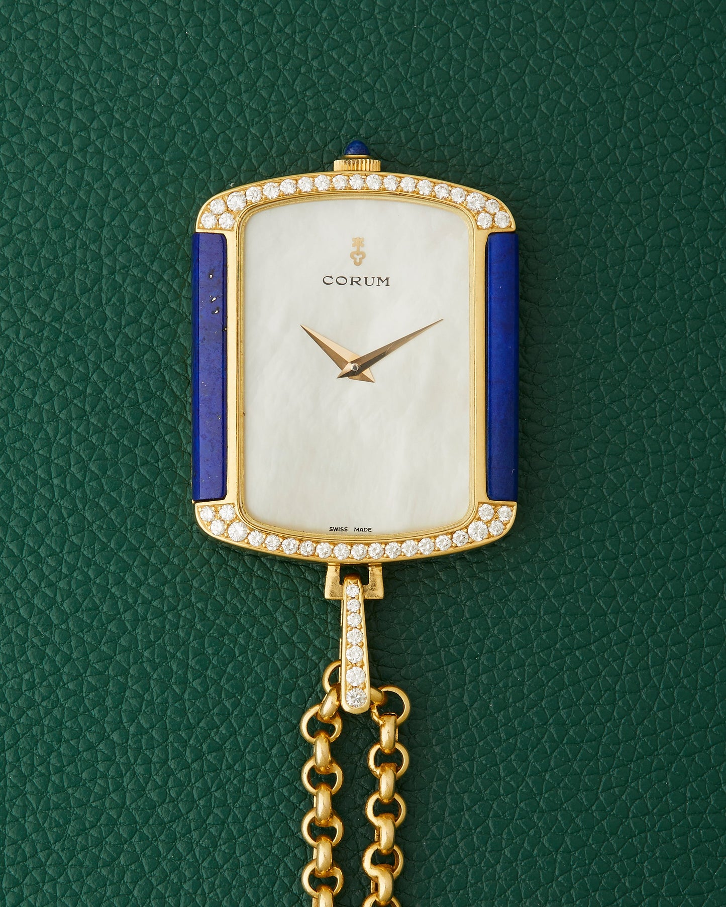 Corum 18k Yellow Gold Ref. 176424 Lapis Lazuli Diamonds Mother of Pearl Dial Pendant Watch