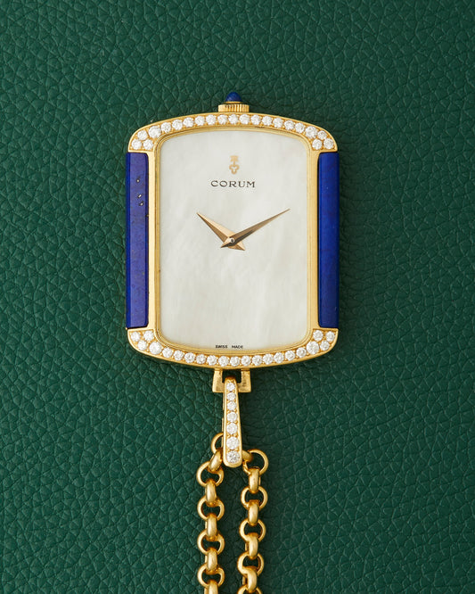 Corum 18k Yellow Gold Ref. 176424 Lapis Lazuli Diamonds Mother of Pearl Dial Pendant Watch