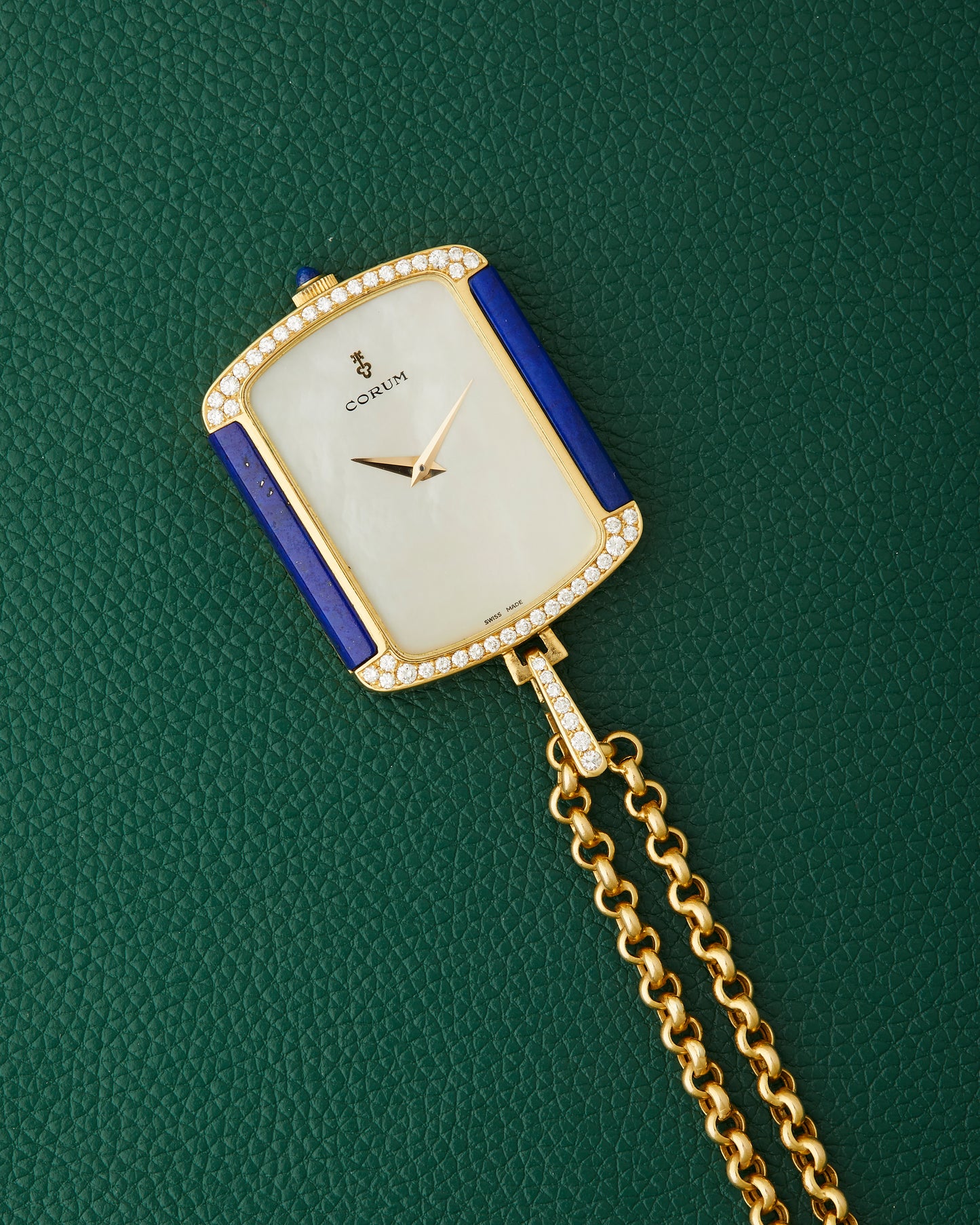 Corum 18k Yellow Gold Ref. 176424 Lapis Lazuli Diamonds Mother of Pearl Dial Pendant Watch