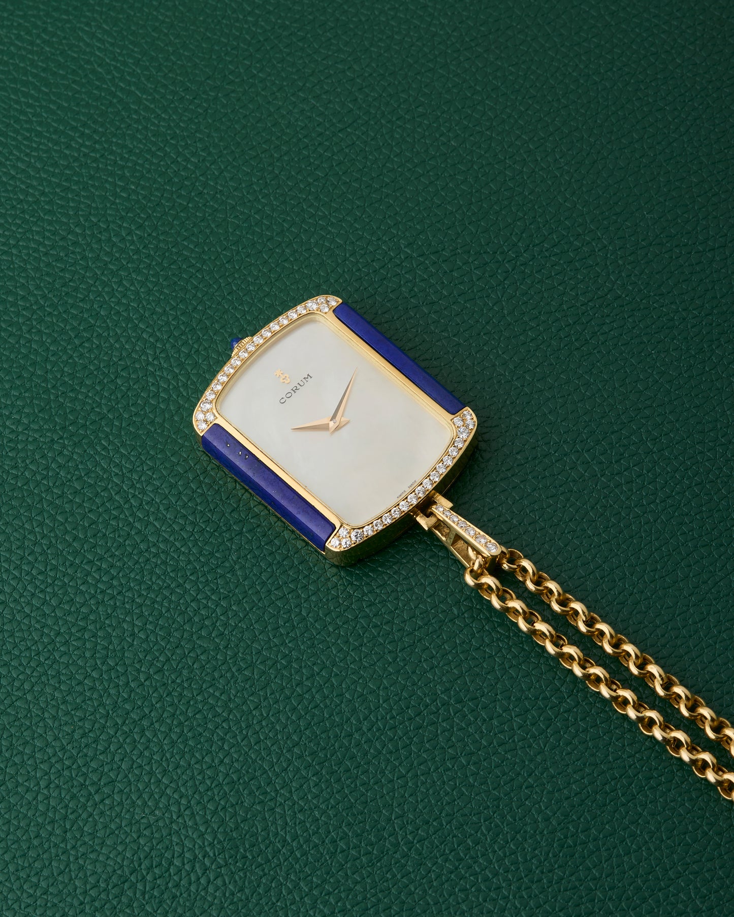Corum 18k Yellow Gold Ref. 176424 Lapis Lazuli Diamonds Mother of Pearl Dial Pendant Watch