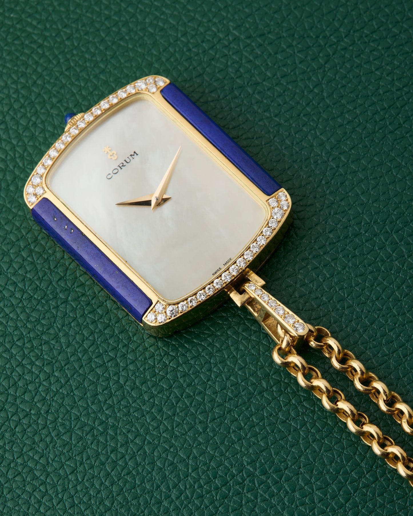 Corum 18k Yellow Gold Ref. 176424 Lapis Lazuli Diamonds Mother of Pearl Dial Pendant Watch