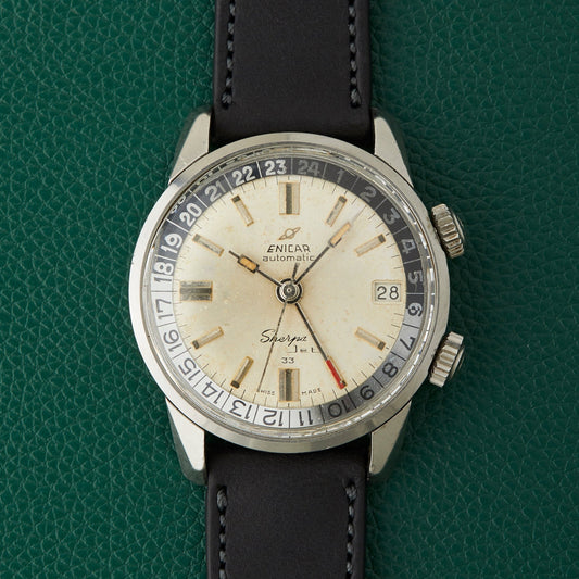 Enicar Sherpa Jet 33 Ref. 126/002 Silver Patina Dial Dual Crowns