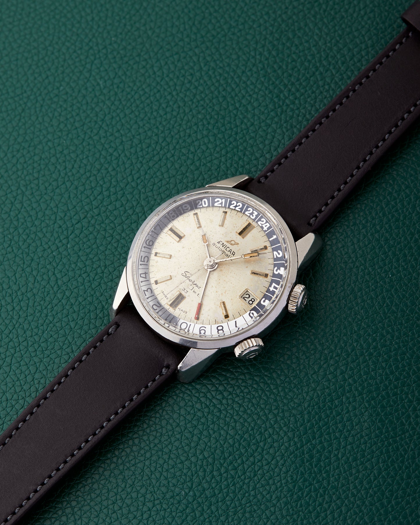 Enicar Sherpa Jet 33 Ref. 126/002 Silver Patina Dial Dual Crowns